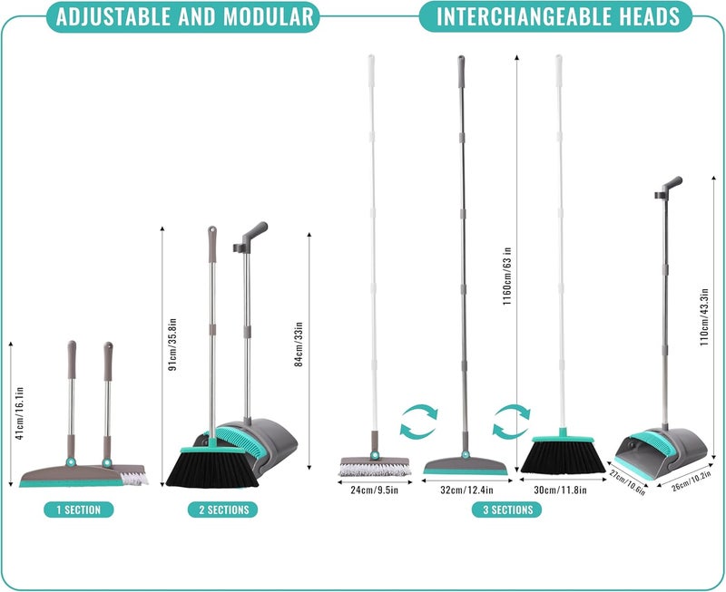 Duitwell Broom with Dustpan Combo Set, Silicone Broom Squeegee and Scrub Brush Set with Long Adjustable Handle for Indoor & Outdoor Sweeping and Scrubbing, Ideal for Pet Hair, Liquids and Dirt - Image 3